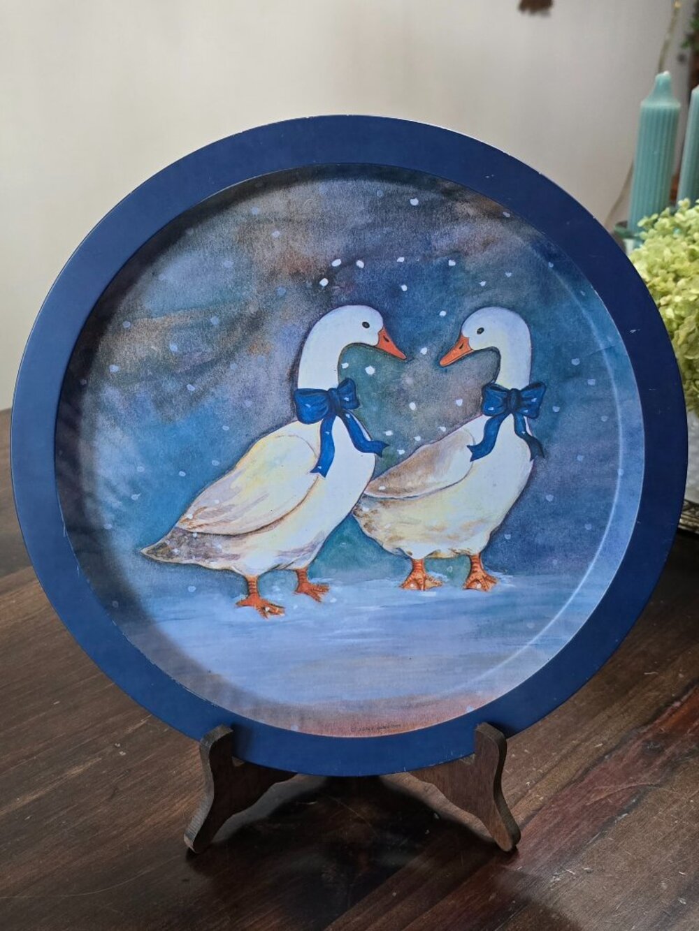 Vintage 80s Blue Ribbon Goose Metal Tin Serving Tray 13"